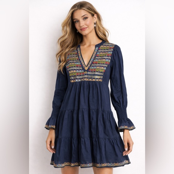 Pomander Place Dresses & Skirts - Pomander Place Embroidered Tiered Dress Navy Boho Peasant M NWT